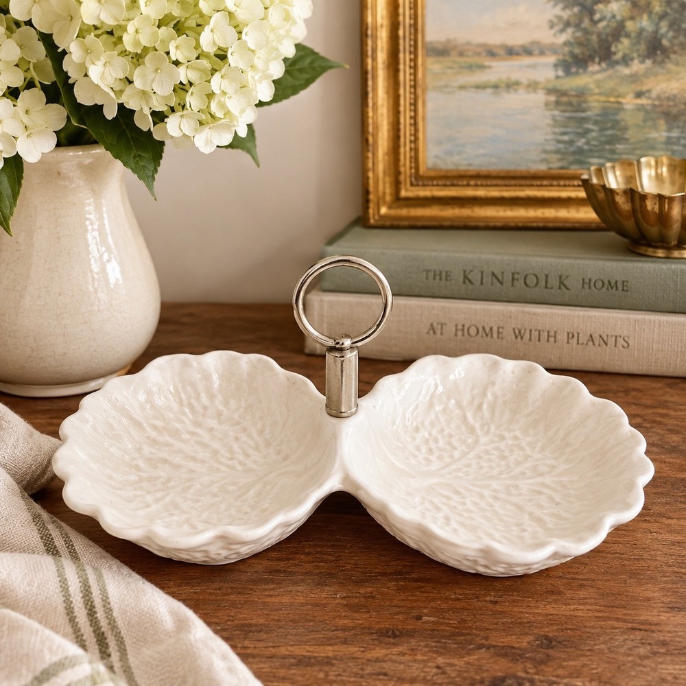 Vintage Stangl Cabbage Leaf Divided Relish Dish White USA Pottery Ring Handle
